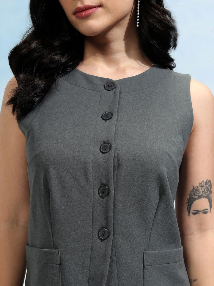 Tokyo Talkies Grey Round Neck Sleeveless Buttondown Blazer With Skirt