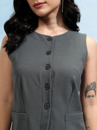 Tokyo Talkies Grey Round Neck Sleeveless Buttondown Blazer With Skirt