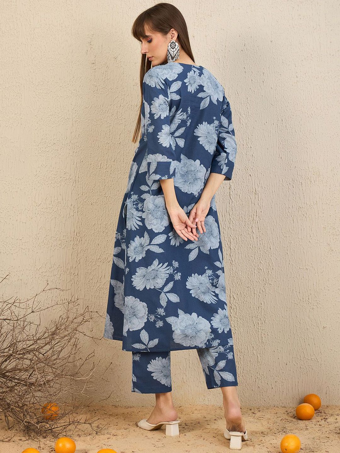 Indo Era Floral Printed Pleated V Neck Straight Kurta With Trousers