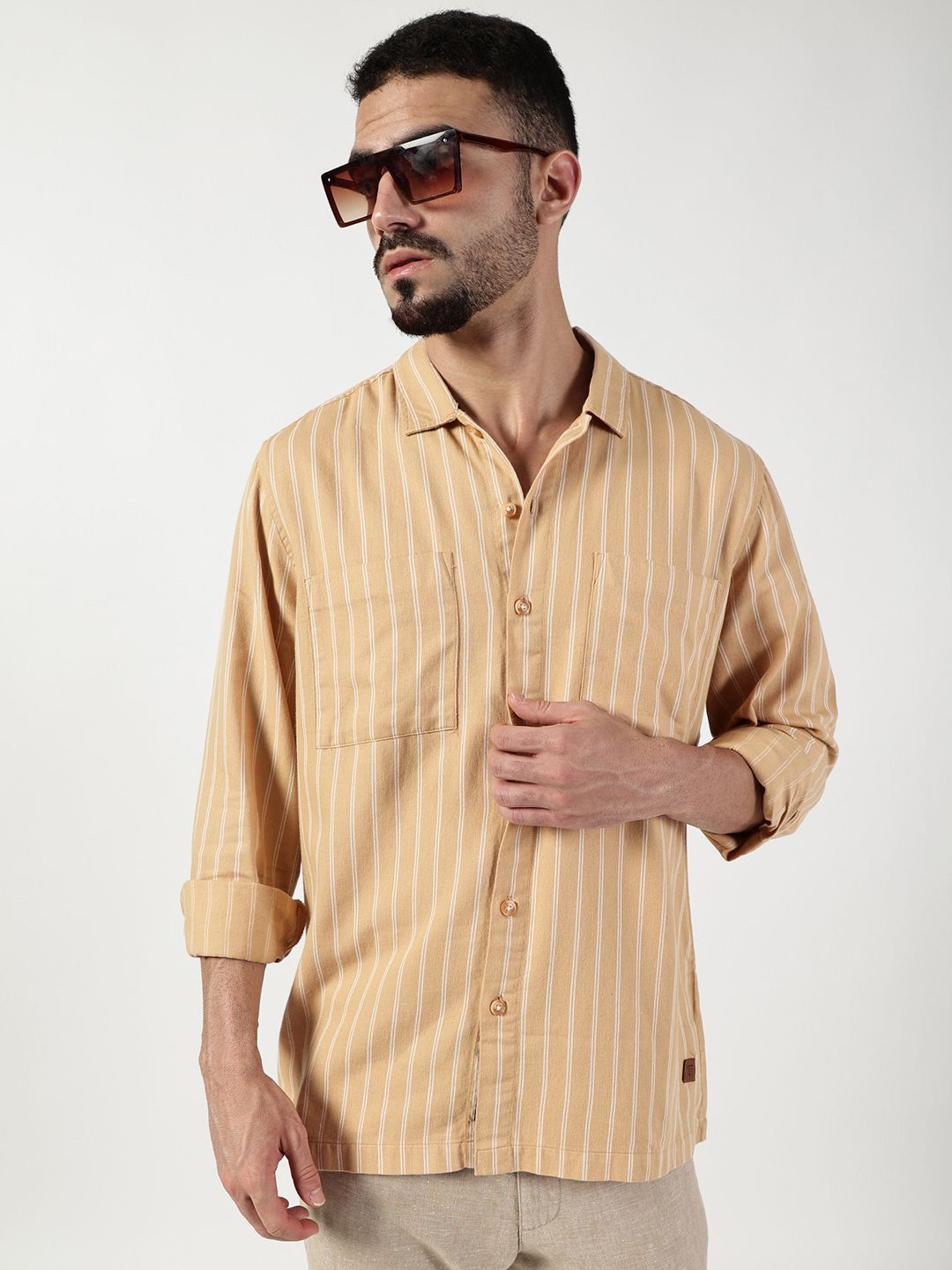 Thomas Scott Men Premium Spread Collar Vertical Striped Cotton Slim Fit Casual Shirt