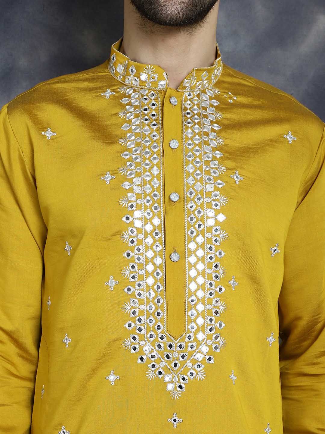 Jompers Embroidered Mandarin Collar Long Sleeves Mirror Work Kurta with Pyjamas