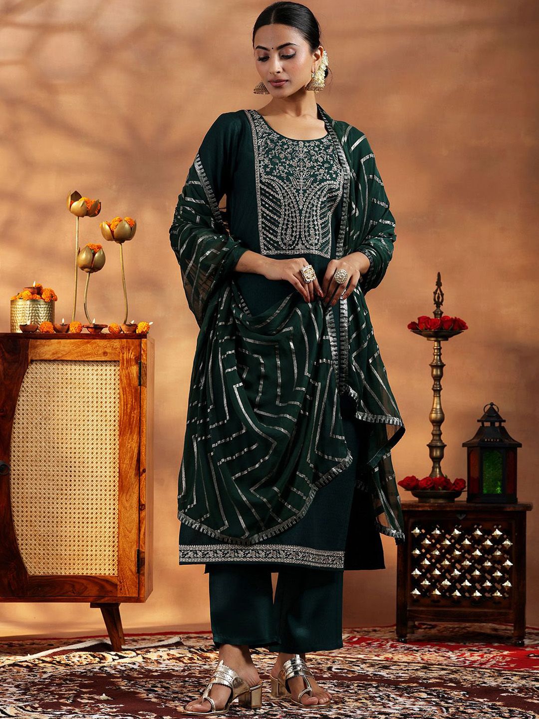 Libas Paisley Embroidered Zari Work Dobby Weave Straight Kurta With Trousers & Dupatta