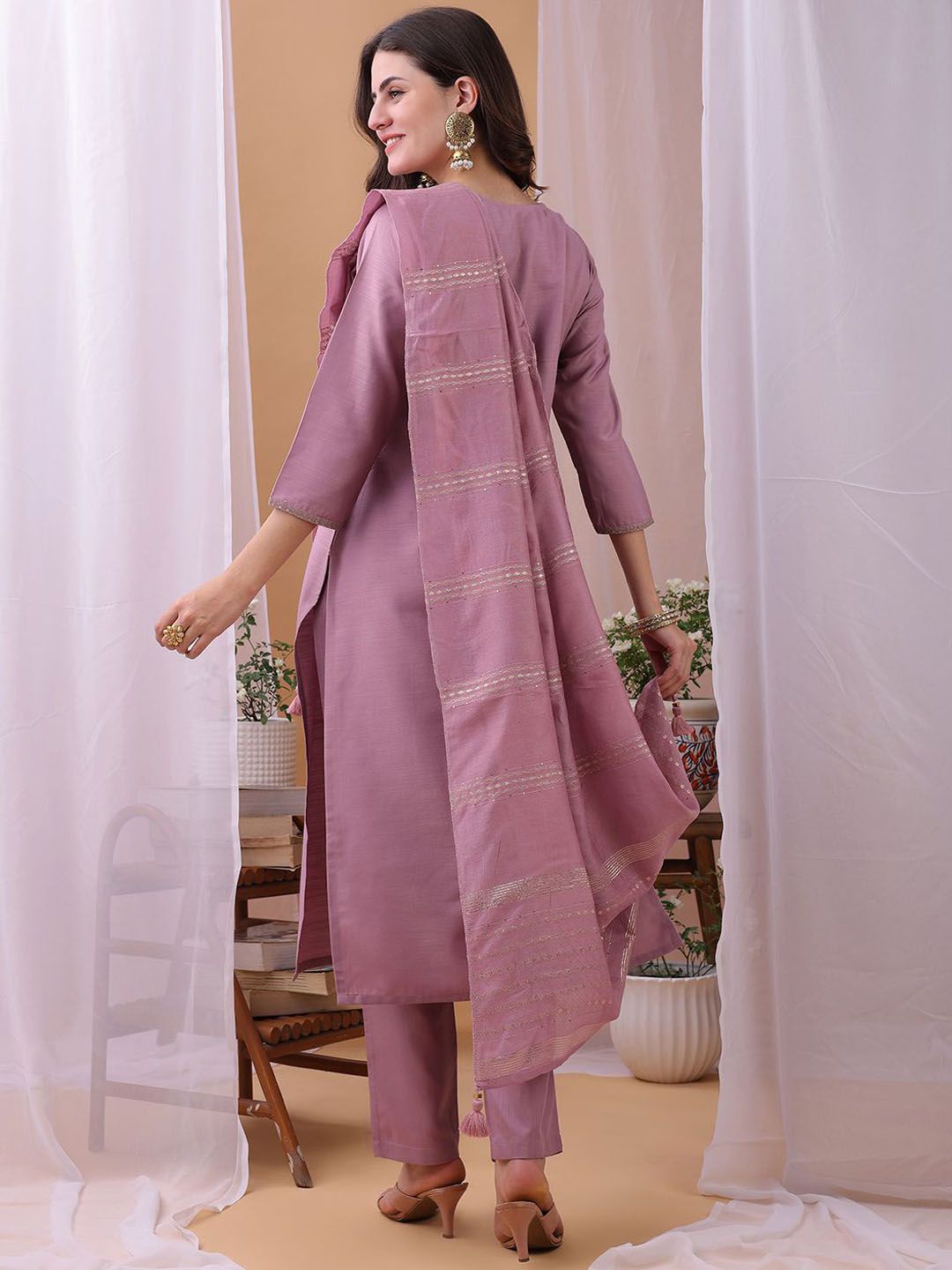 KALINI Yoke Design Zari Work Straight Kurta With Trouser And Dupatta