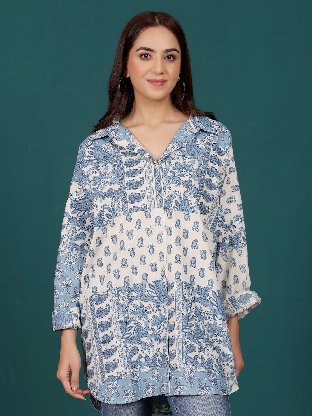 Varanga Print Cotton Shirt Style Longline Top
