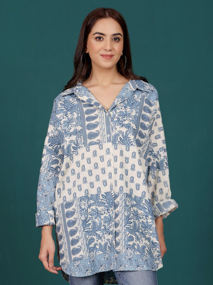Varanga Print Cotton Shirt Style Longline Top