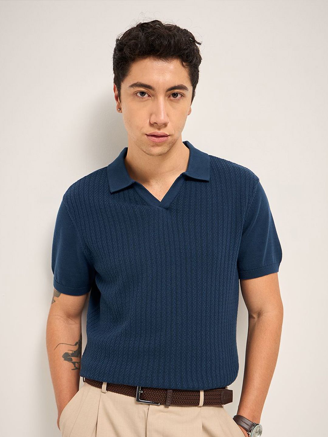 THE BEAR HOUSE Self Design Polo Collar Pure Cotton T-shirt