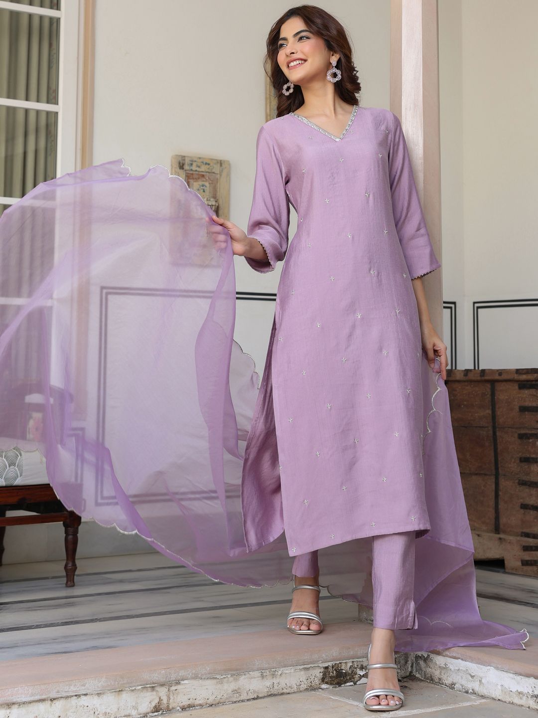 Janasya Women's Lavender Chinon Embellished Kurta with Pant and Dupatta