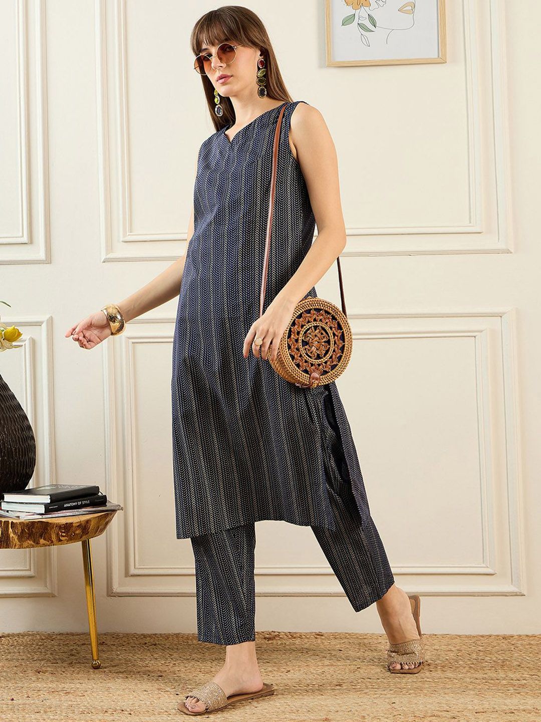 Indo Era Geometric Printed V-Neck Pure Cotton Straight Kurta With Trousers