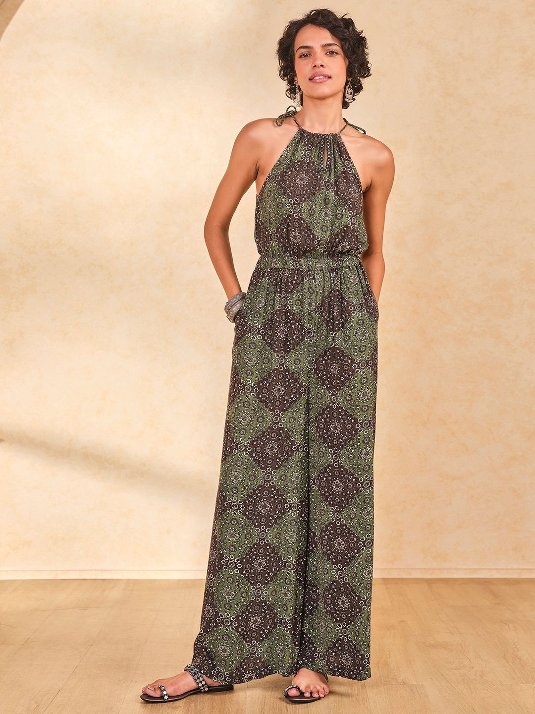 Global Desi Women Halter Neck Printed Basic Jumpsuit