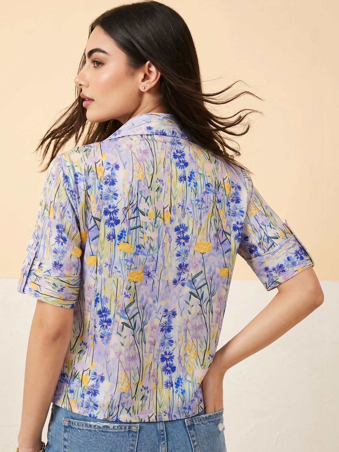 Mamicha Floral Print Roll-Up Sleeves Shirt Style Top