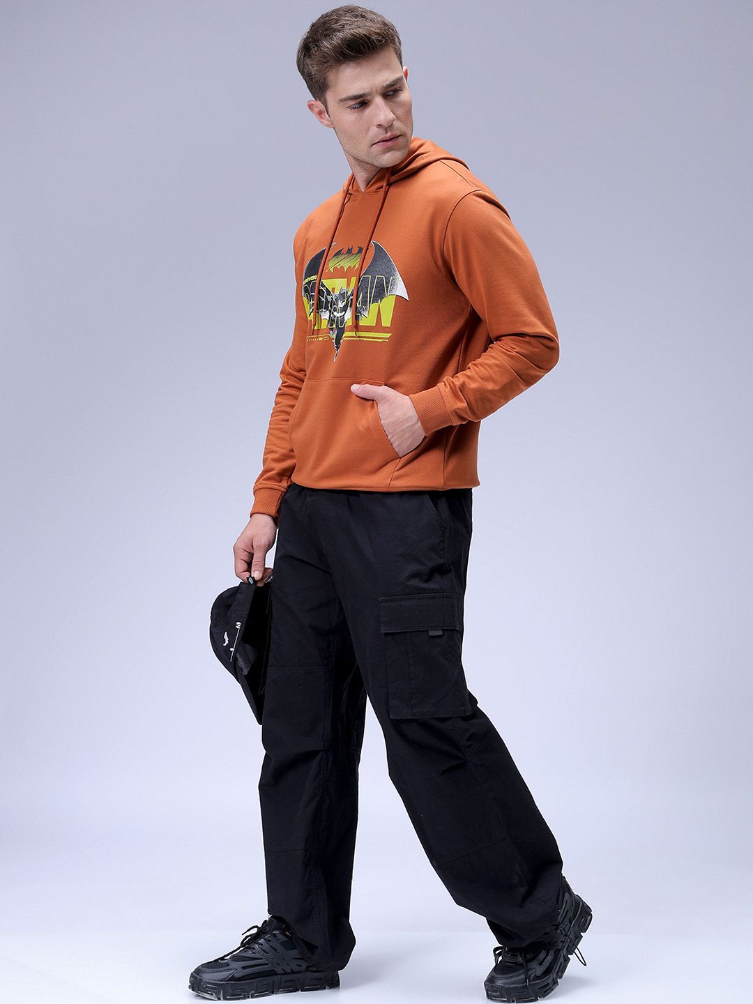 The Indian Garage Co Men Oversized Batman Printed Overhead Hooded Sweatshirt