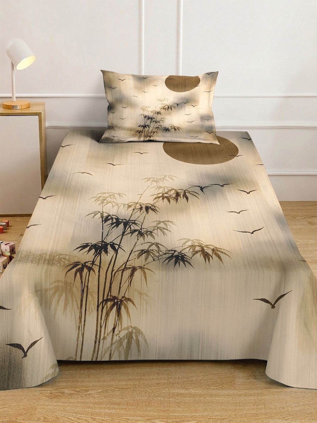 KLOTTHE Beige Floral Fitted 400 TC Single 7D Bedsheet with 1 Pillow Covers