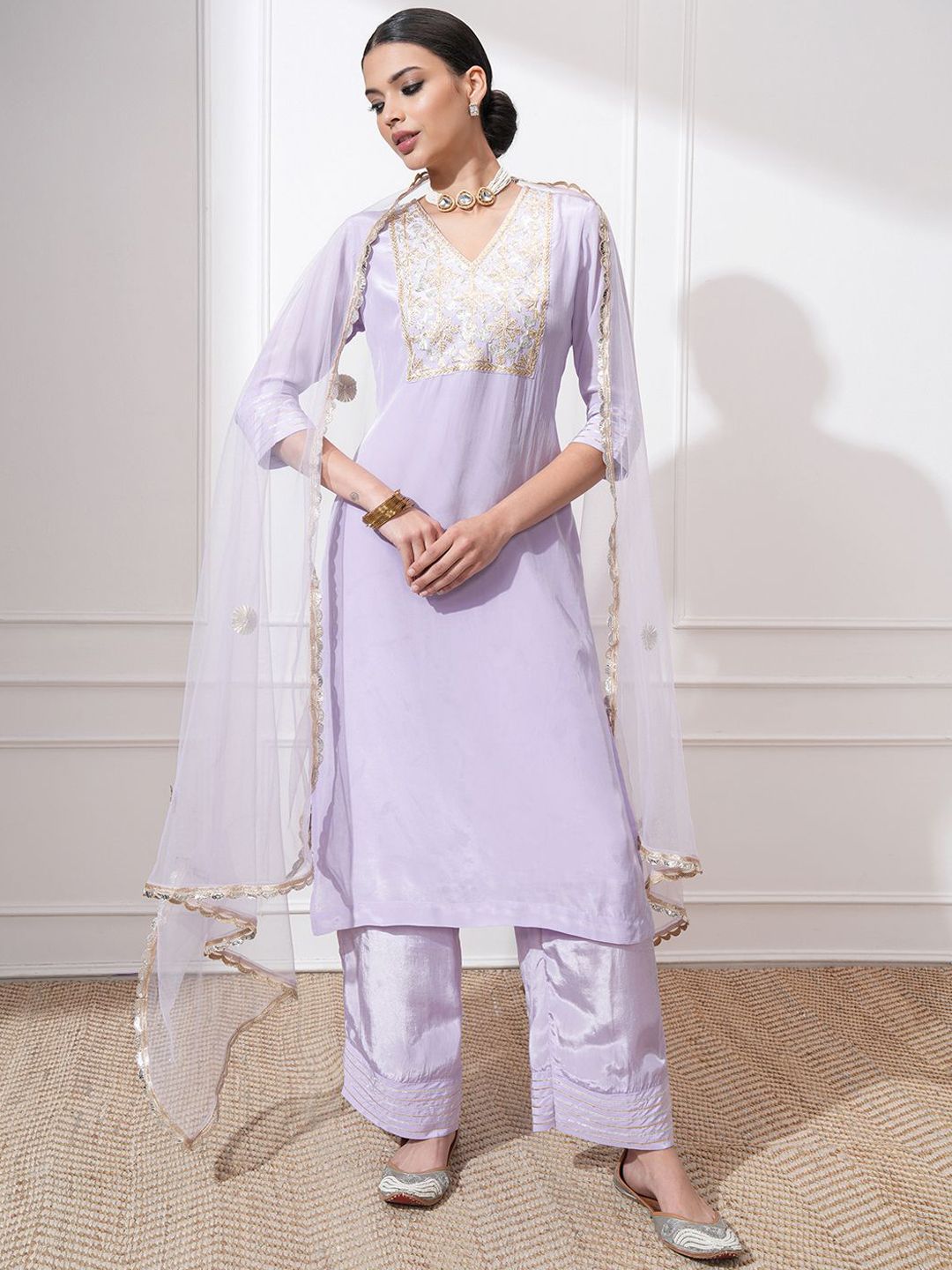 Vishudh Women Ethnic Motifs Embroidered Regular Kurta with Trousers & With Dupatta