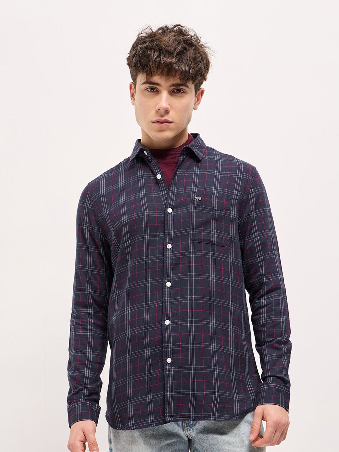 THE BEAR HOUSE Men Spread Collar Tartan Checked Slim Fit Shirt