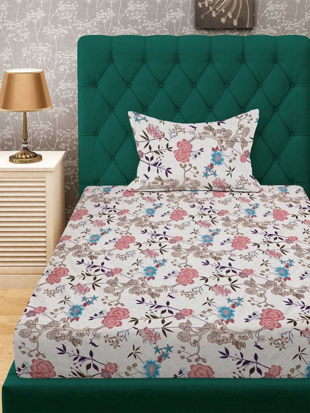 KLOTTHE Pink Floral Printed Flat 300 TC Single Fine Bedsheet With Pillow Cover