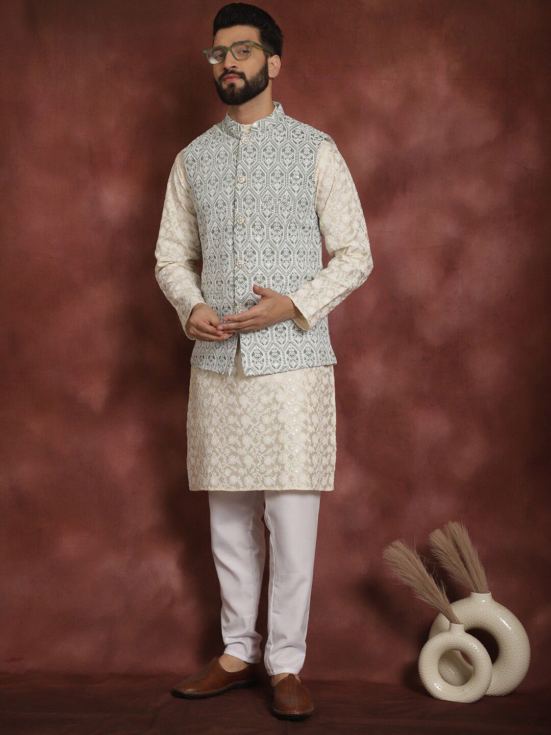 Anouk Floral Embroidered Regular Thread Work Kurta with Churidar & Nehru jacket