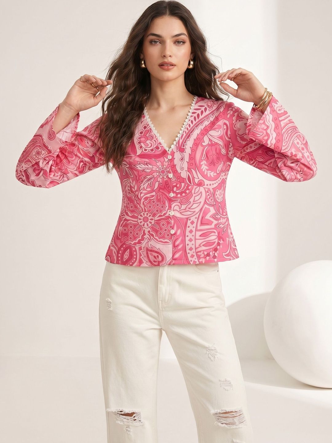 Mamicha Print Flared Sleeve Bohemian Top