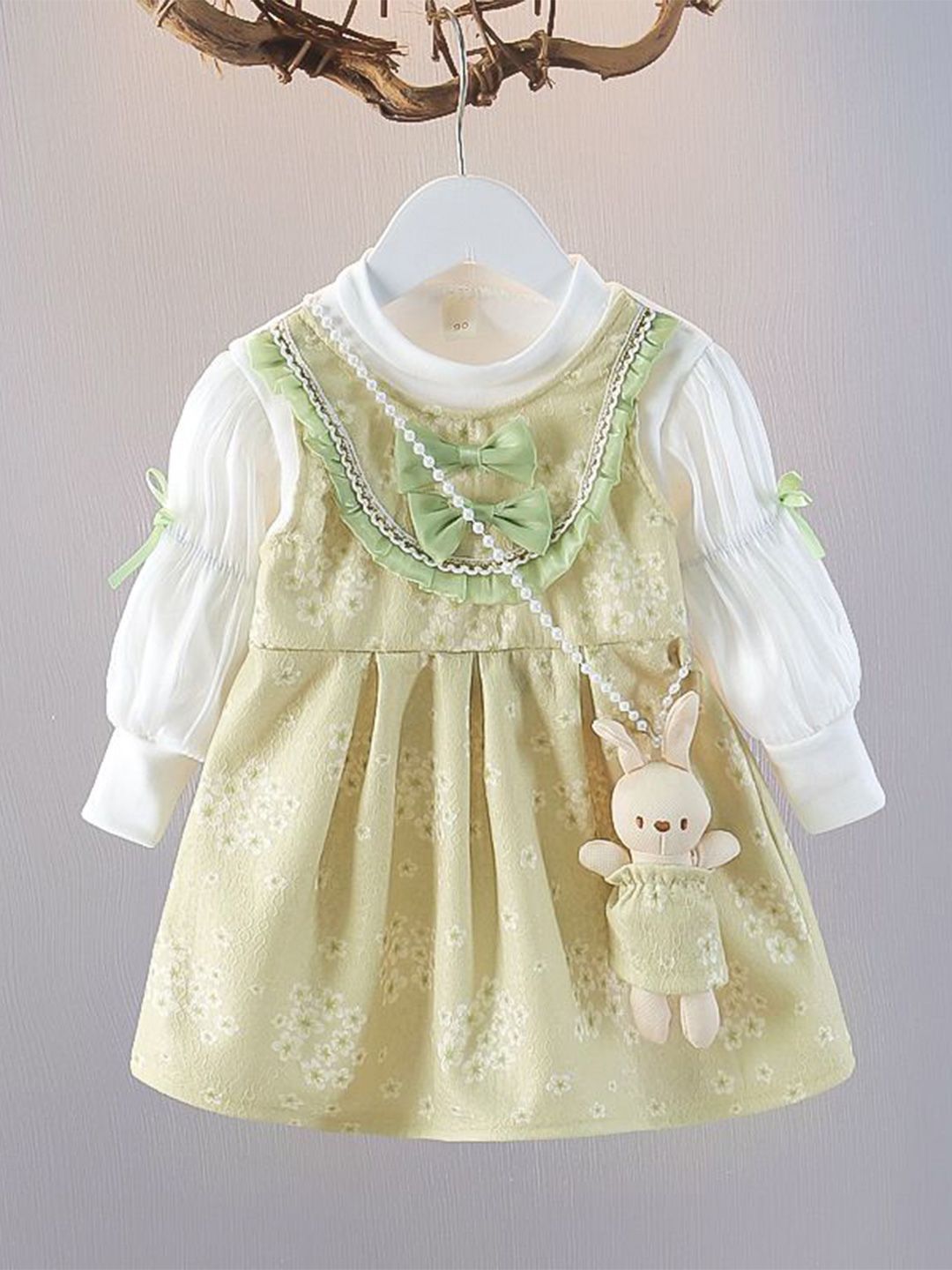 YK Girls Self Design Bow Detail Fit & Flare Dress