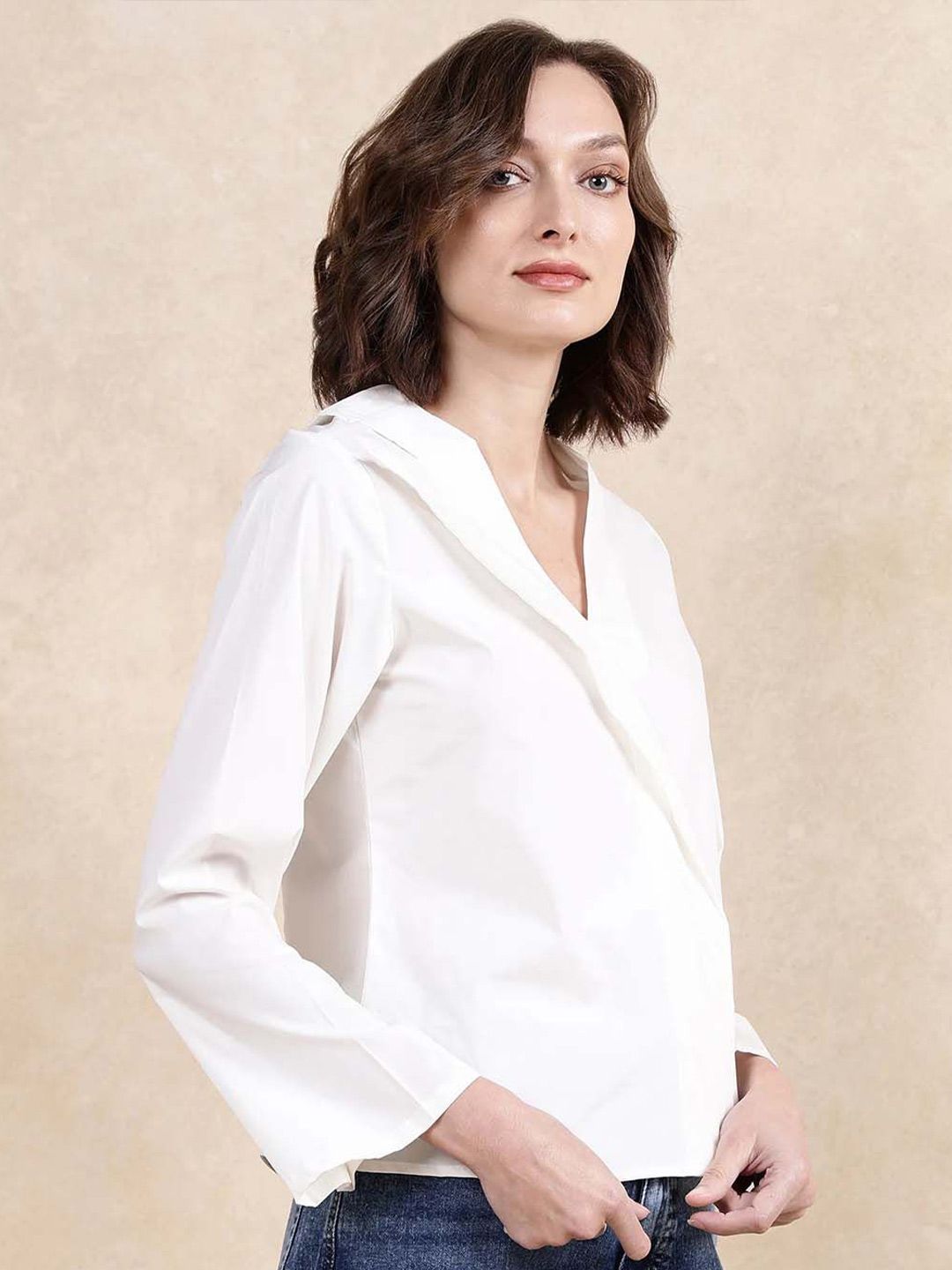 RAREISM Women Solid V-Neck Cotton Top
