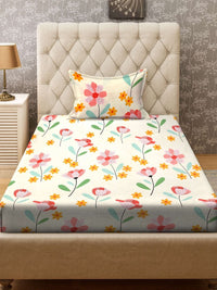 Aura Cream & Orange Coloured Floral Printed Flat 300TC Single Bedsheet With Pillow Cover