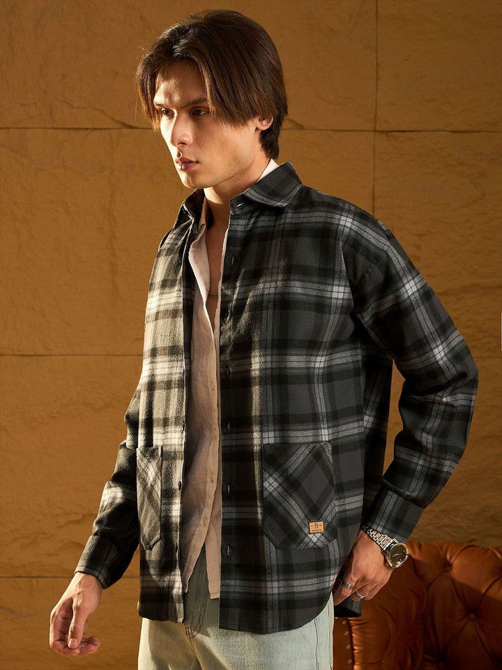 DENNISON Men Double Pocket Drop Shoulder Oversized Cotton Checked Shacket