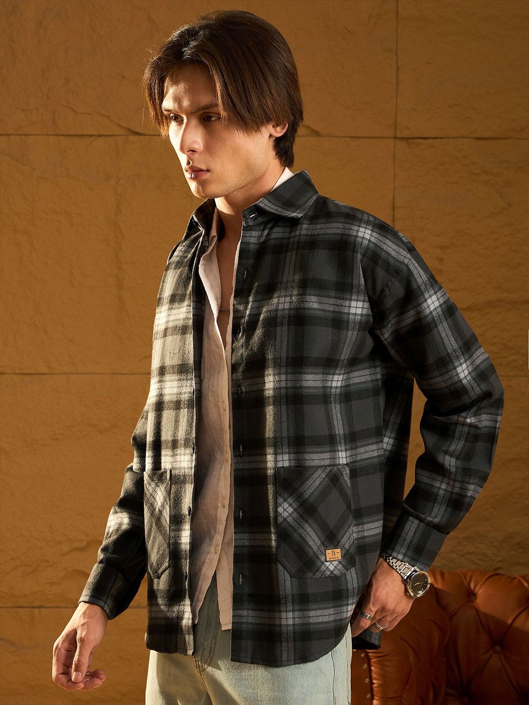 DENNISON Men Double Pocket Drop Shoulder Oversized Cotton Checked Shacket