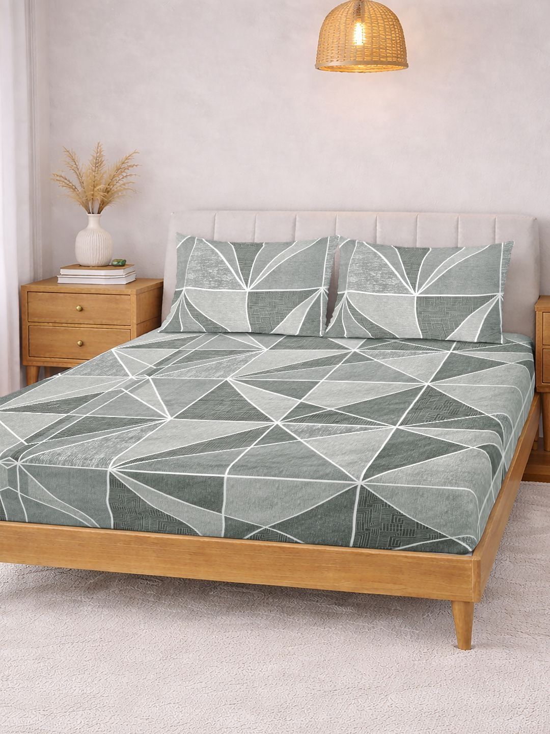KLOTTHE Grey Geometric 300 TC Cadar Katil King dengan 2 Sarung Bantal
