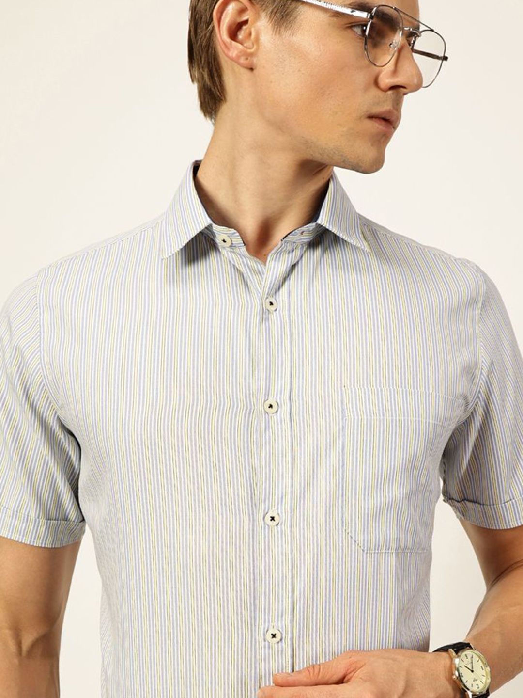 Thomas Scott Men Smart Spread Collar Pinstripes Striped Cotton Formal Shirt