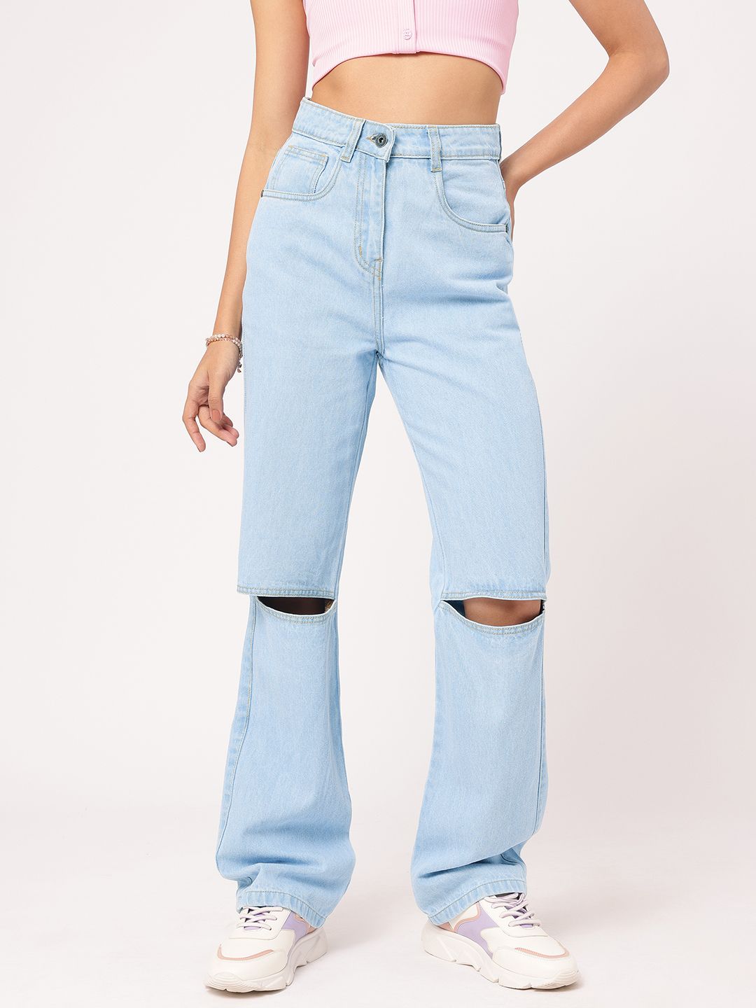 DressBerry Women Slash-Knee Edge Straight Fit Pure Cotton Jeans