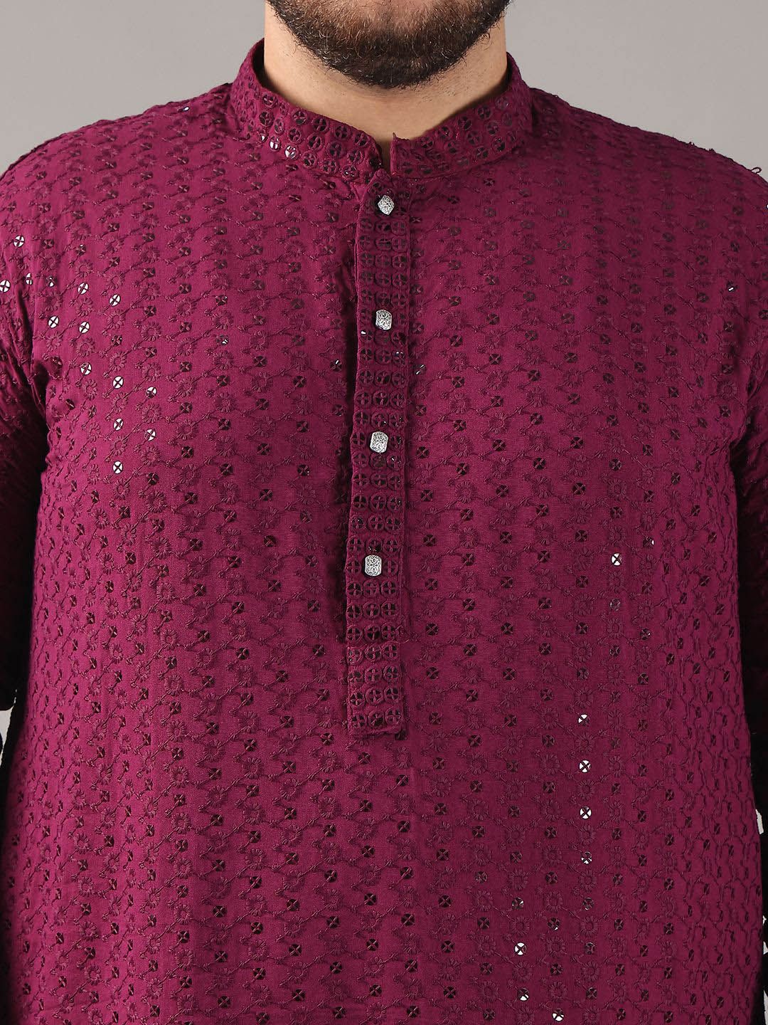 SOJANYA PLUS Size Floral Embroidered Band Collar Sequinned Cotton Straight Kurta