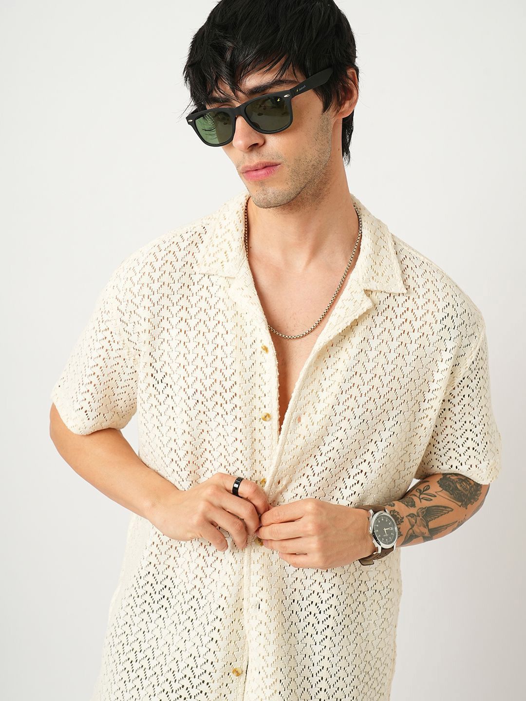 VASTRADO Men Classic Cuban Collar Solid Cotton Oversized Casual Shirt