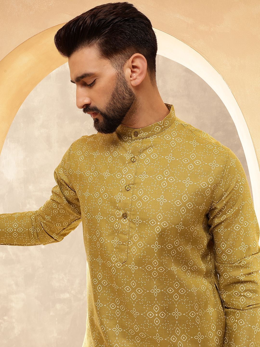 Anouk Olive Green Floral Printed Mandarin Collar Straight Kurta With Pajamas