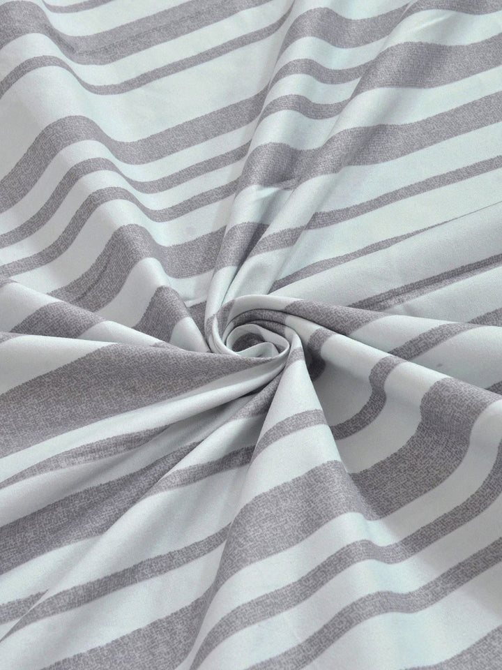 KLOTTHE Grey Stripted Printed Fitted 400 TC King Bedsheet With 2 Pillow Cover