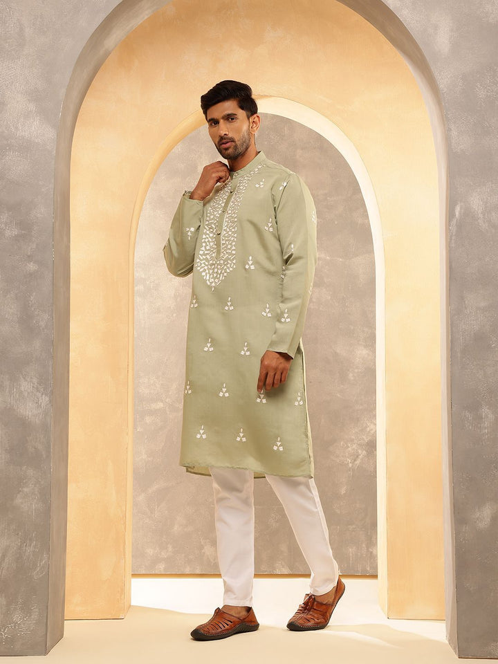 Anouk Geometric Embroidered Band Collar Thread Work Cotton Silk Straight Kurta