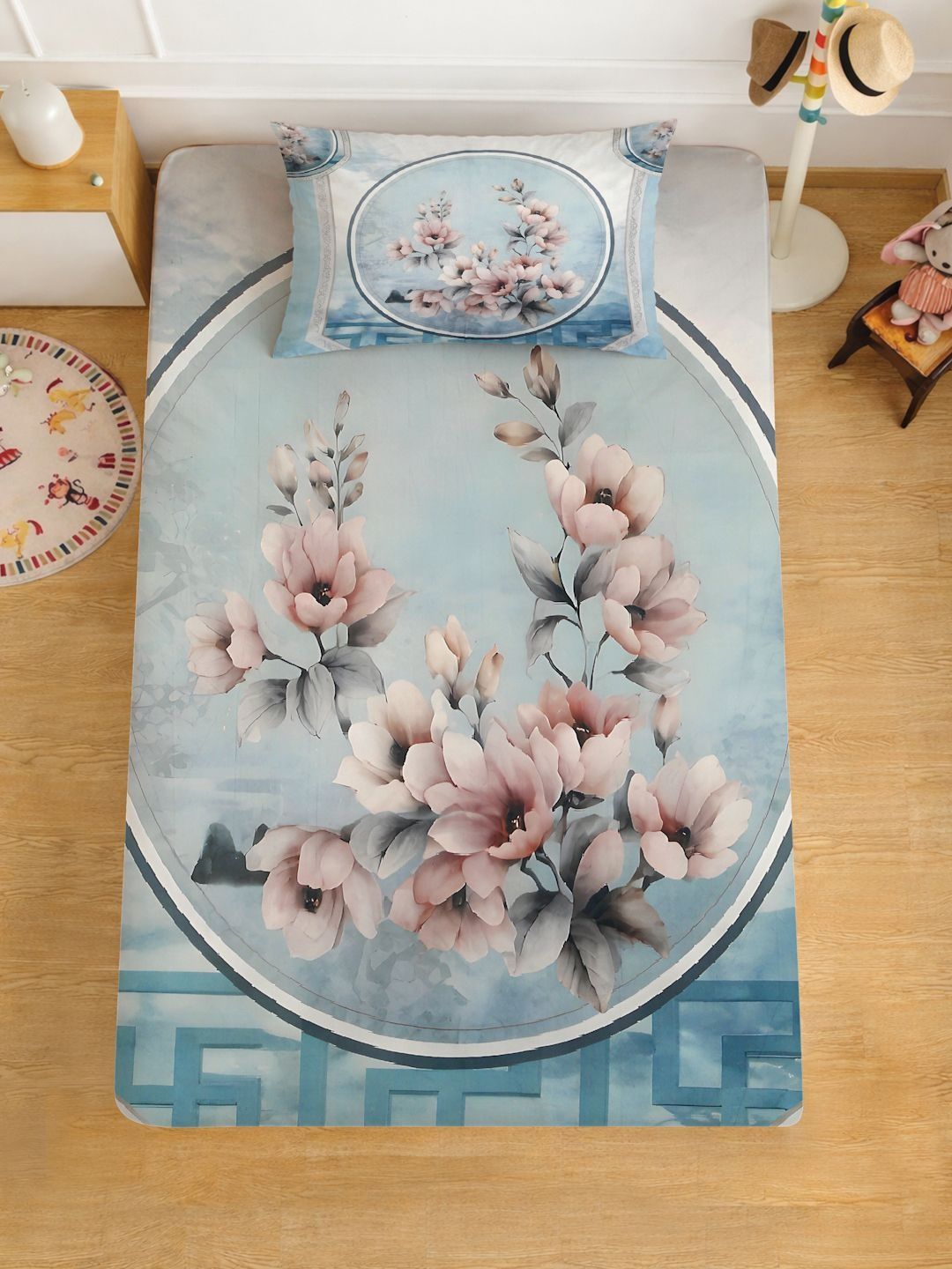 Myntra Elegant Blue Floral Printed Fitted 400 TC Single 7D Bedsheet & 1 Pillow Cover