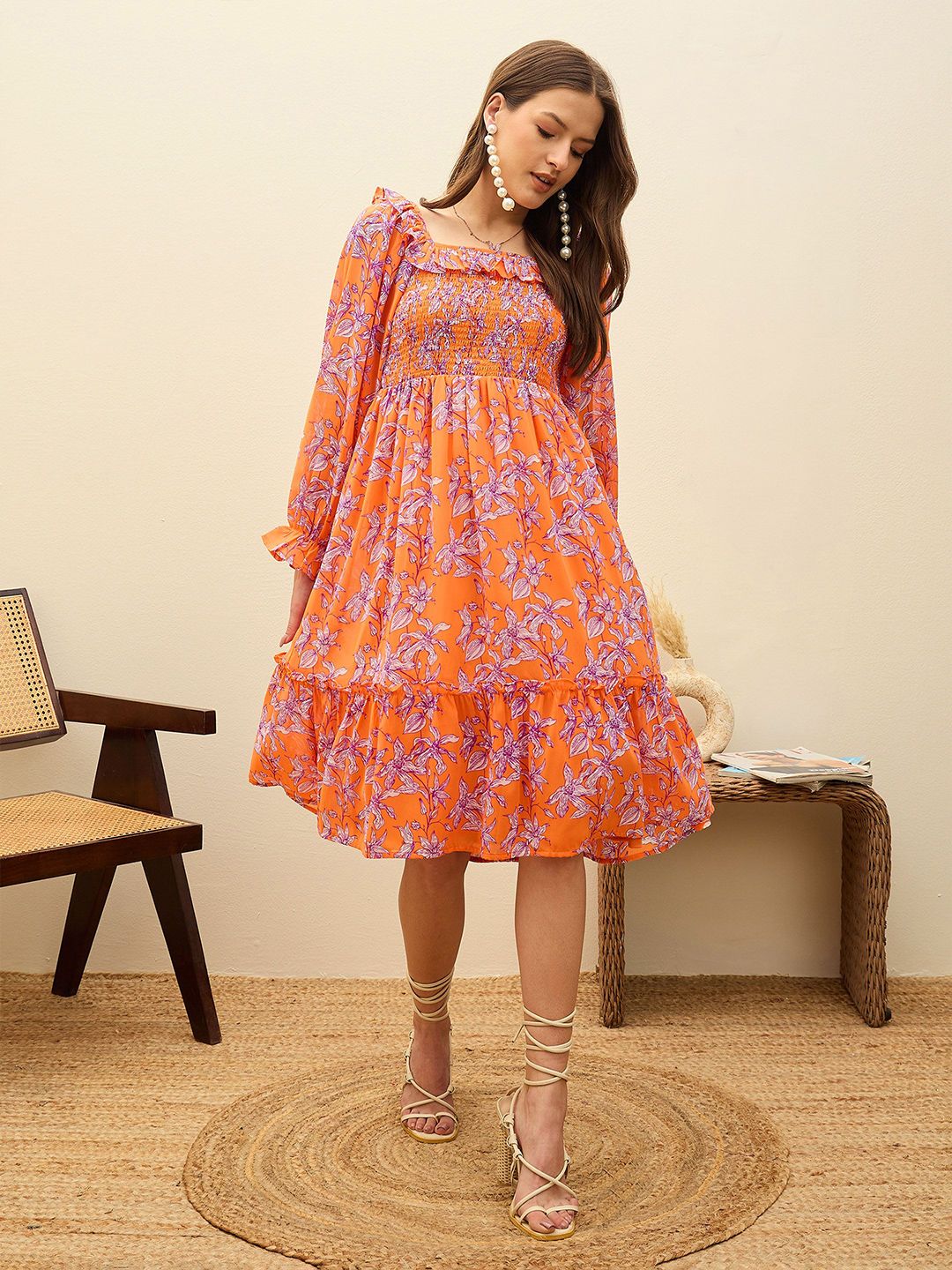 SASSAFRAS Floral Print Balloon Sleeve Georgette Fit & Flare Short Dress