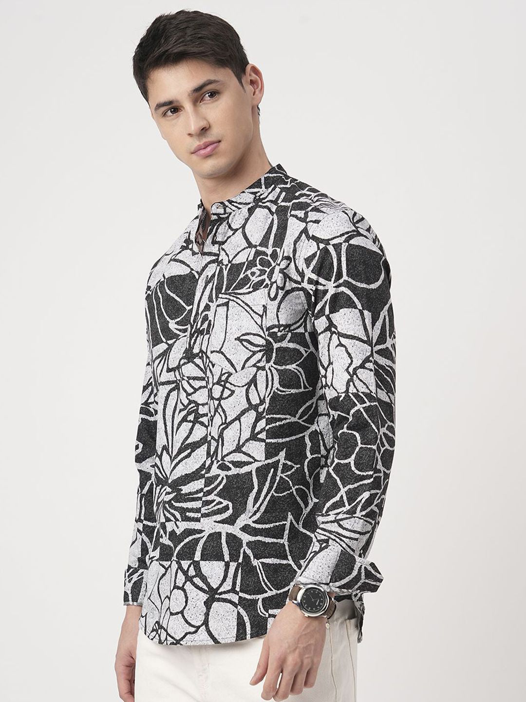 VASTRADO Obsidian Abstract Printed Band Collar Pure Cotton Straight Kurta