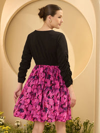 Antheaa Floral Colourblocked Chiffon Fit & Flare Dress
