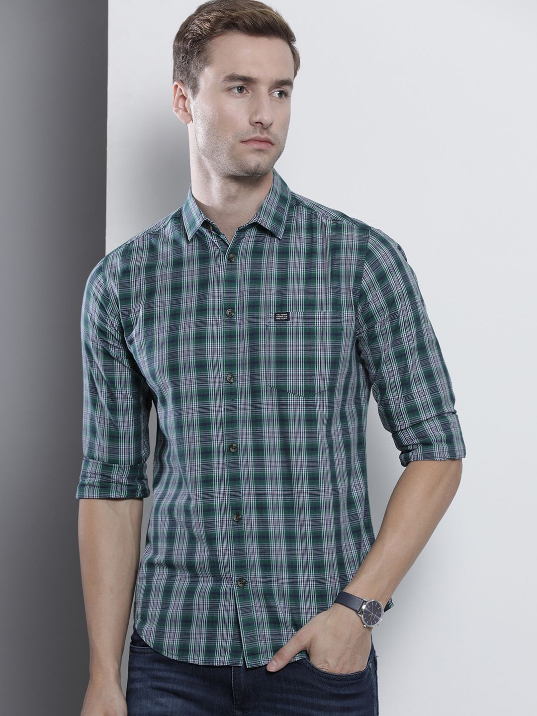 The Indian Garage Co Men Green & White Checked Cotton Casual Shirt