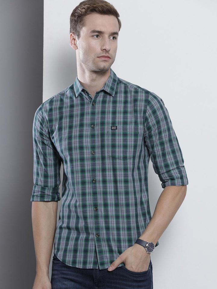 The Indian Garage Co Men Green & White Checked Cotton Casual Shirt