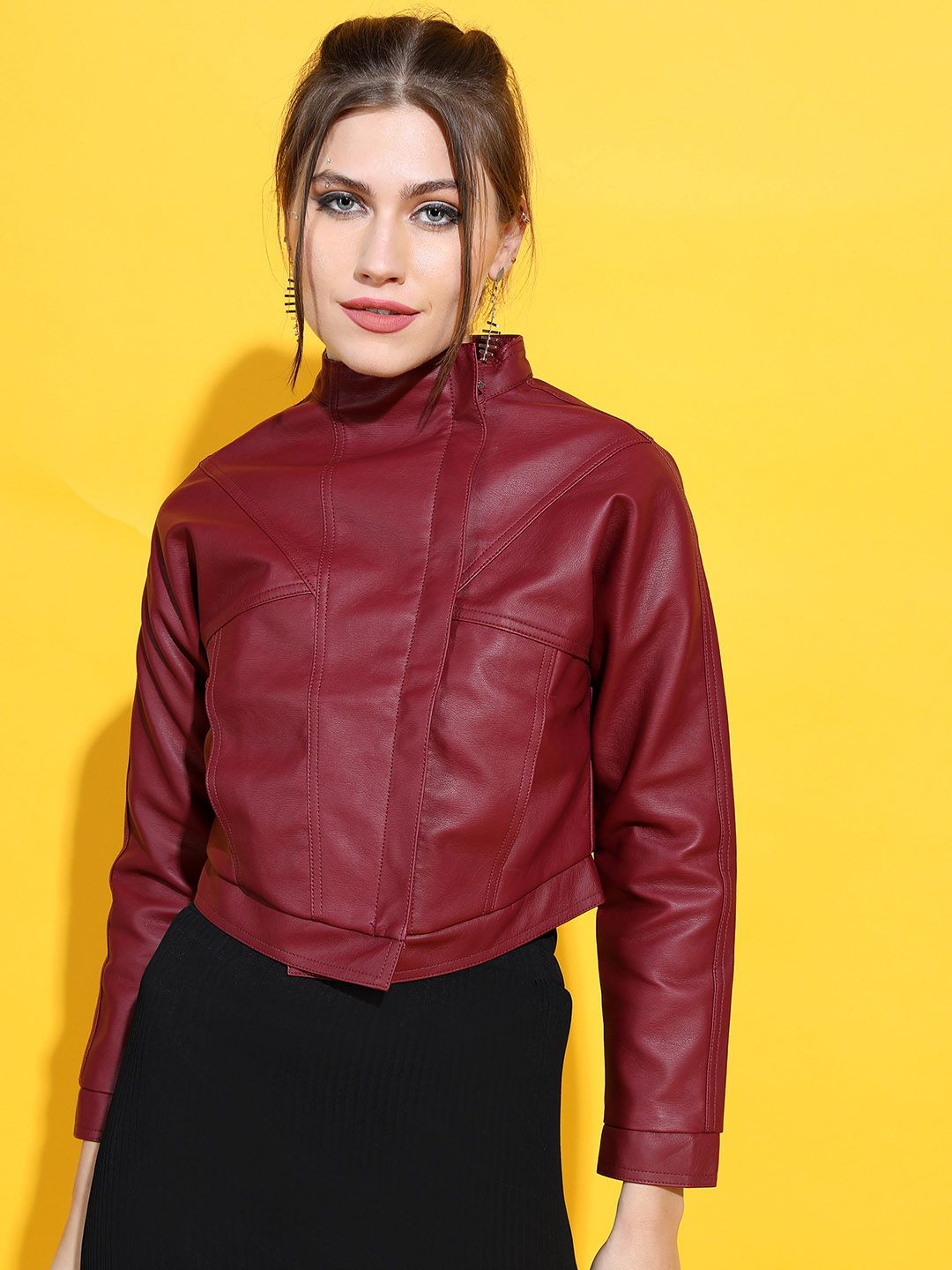 Tokyo Talkies Women Burgundy Crop Biker Jacket