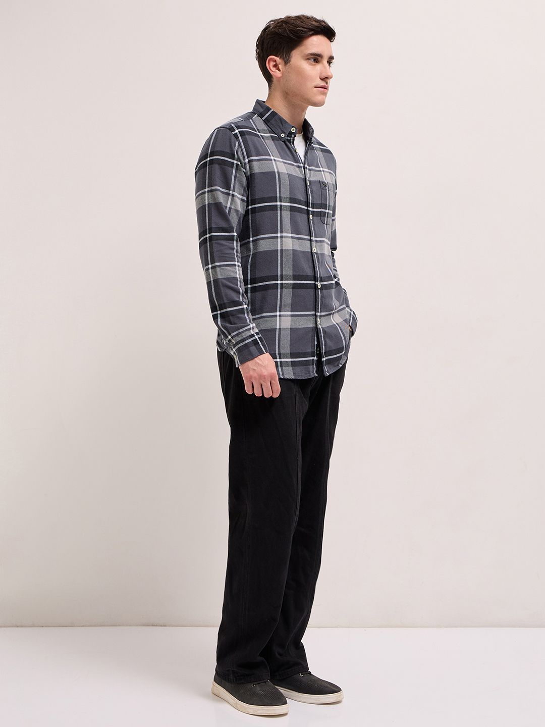 THE BEAR HOUSE Men Grey Flannel Slim Fit Pure Cotton Checked Casual Shirt