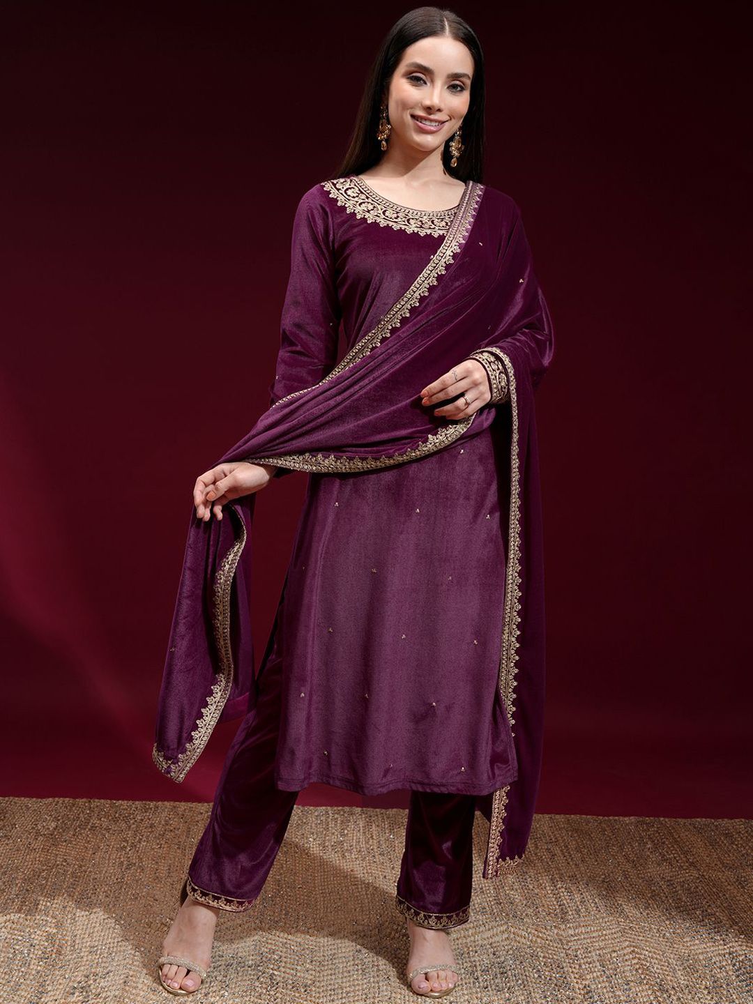 Vishudh Women Embroidered Velvet Straight Kurta with Slim Pants and Dupatta