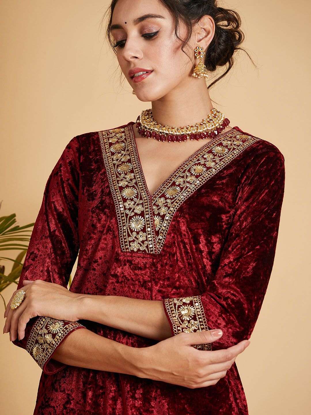Shae by SASSAFRAS Maroon Floral Yoke Design Sequinned Velvet Straight Kurta