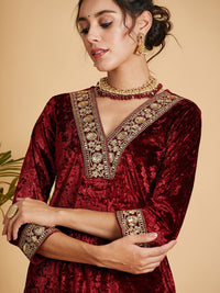 Shae by SASSAFRAS Maroon Floral Yoke Design Sequinned Velvet Straight Kurta