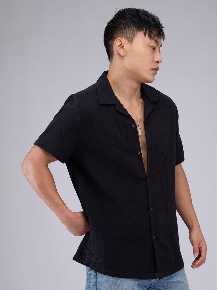 VASTRADO Men Classic Cuban Collar Textured Cotton Relaxed Fit Casual Shirt