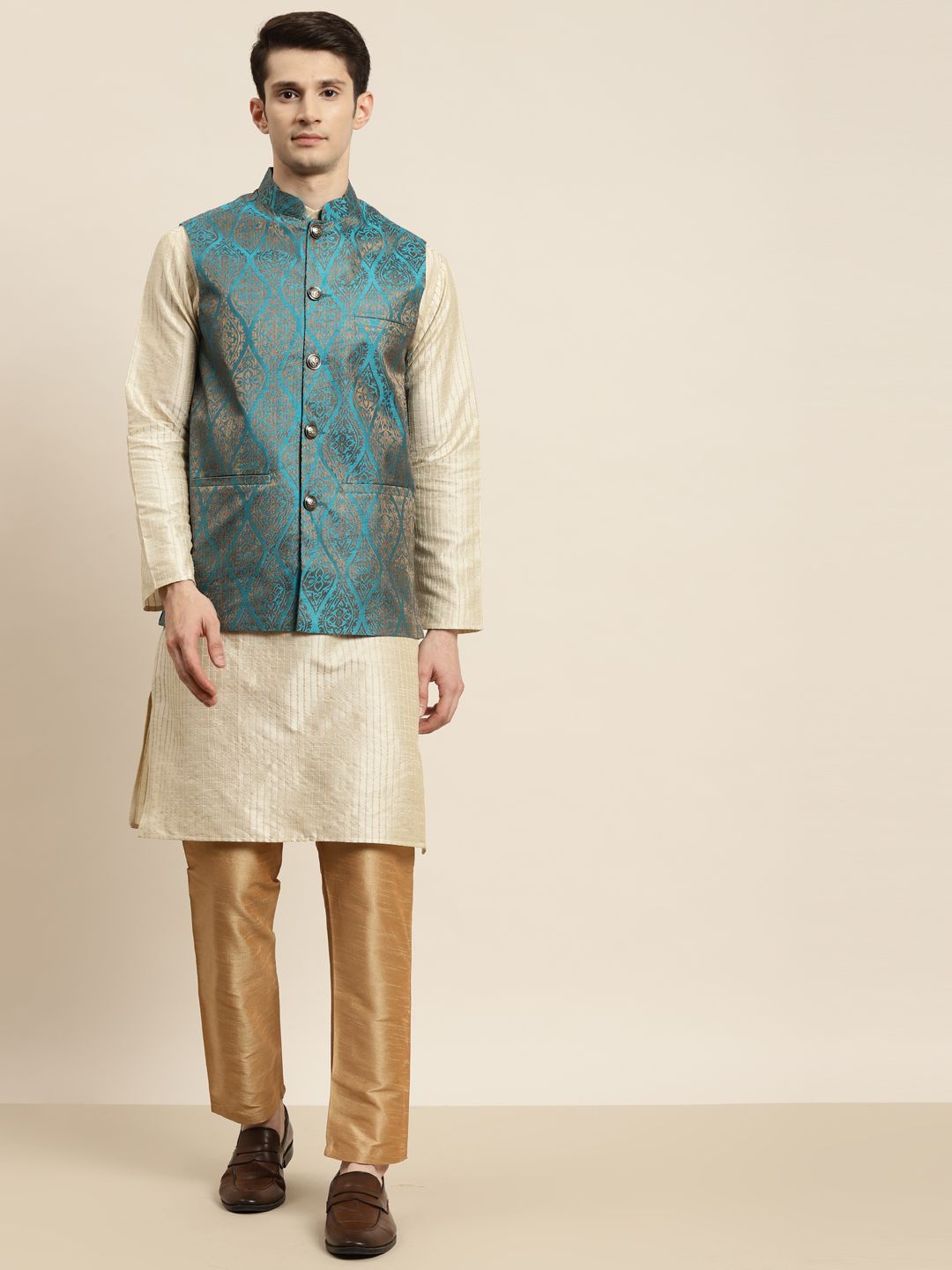 SOJANYA Men Beige Striped Kurta with Pyjamas & Nehru Jacket