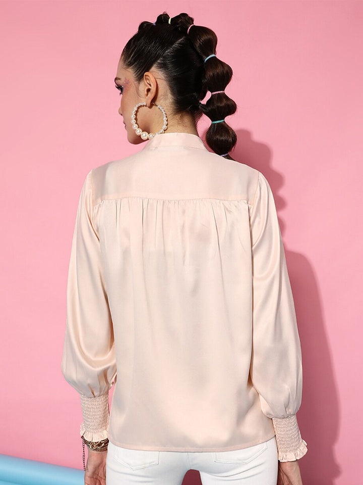 STREET 9 Women Peach-Coloured Tie-Up Casual Shirt