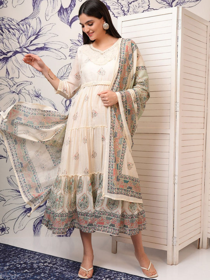 Vishudh White Printed Gathered Midi Fit & Flare Ethnic Dresses With Dupatta & Belt