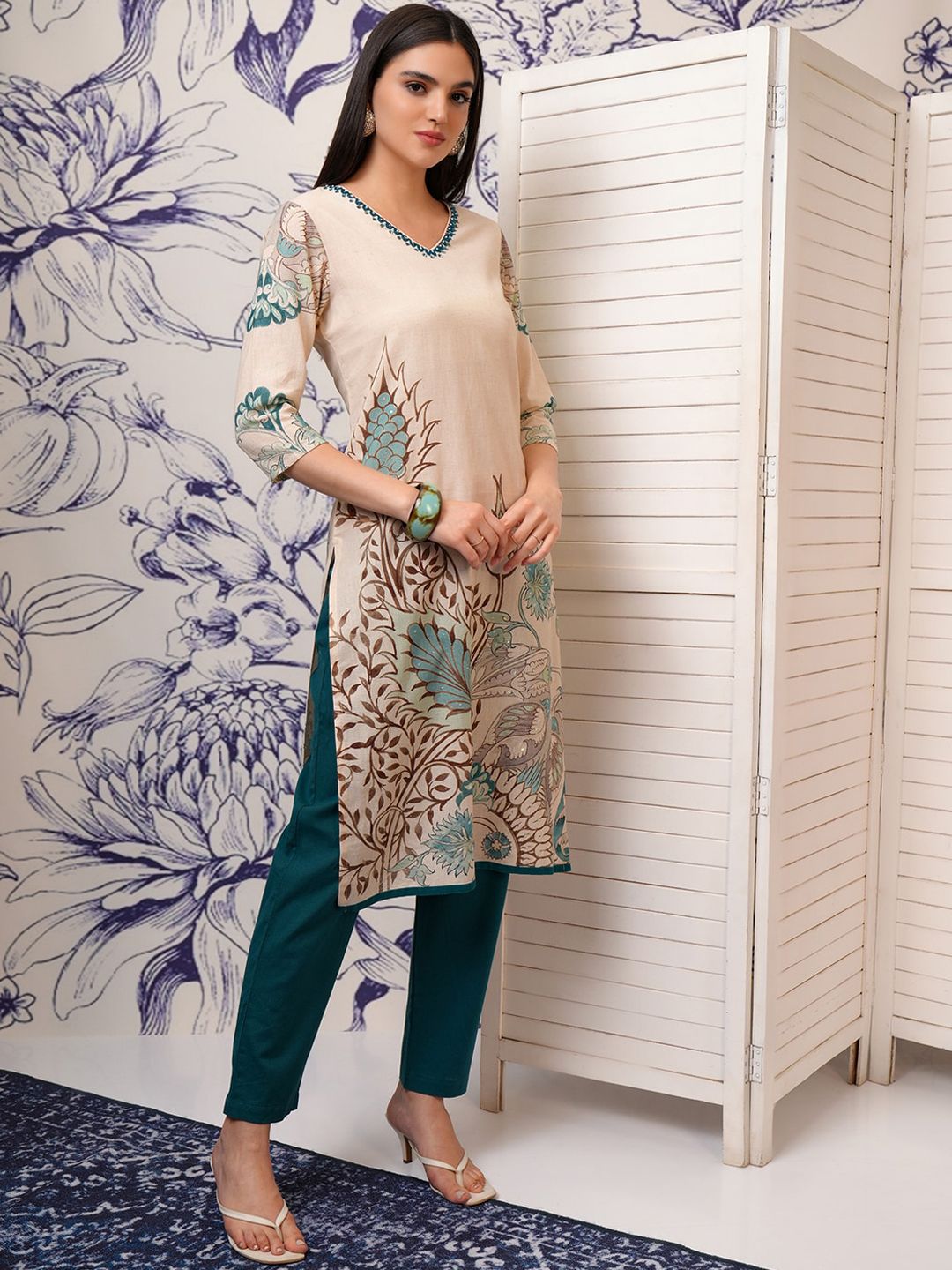 Vishudh Floral Printed Regular Sequinned Pure Cotton Kurta with Trouser & Dupatta